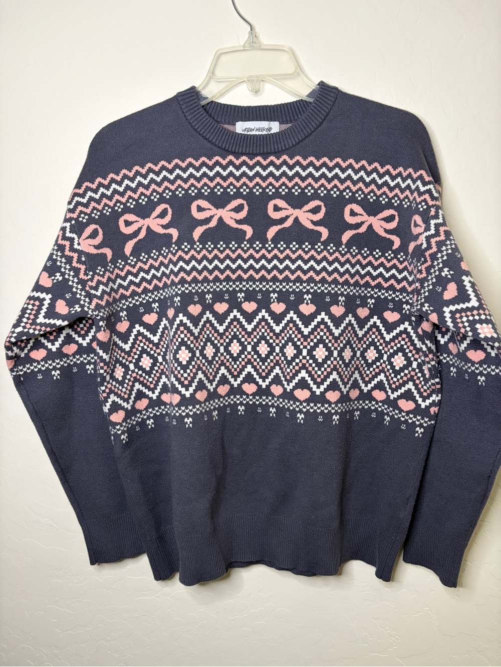 Navy Crewneck Sweater with Pink Bow & Heart Fair Isle